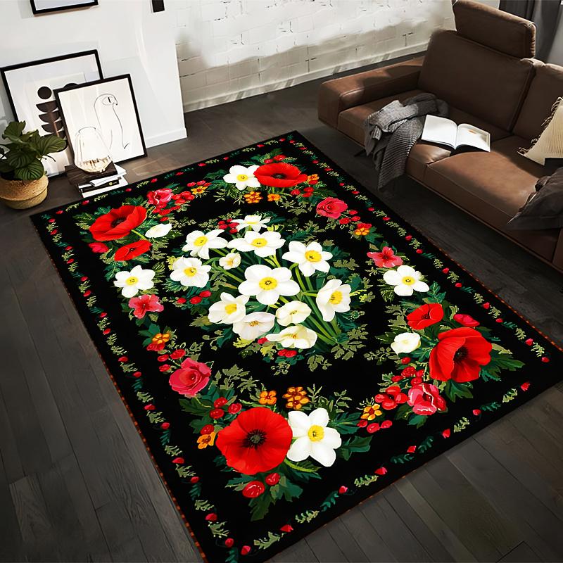 Floral Pattern Carpet with Red and White Blossoms on Black Background Suitable for use as an anti-slip for living room bedroom sofas