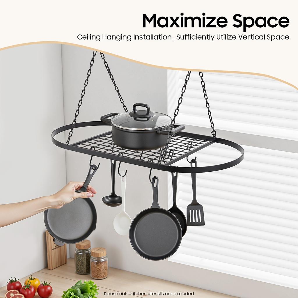 Потолочная подвесная полка 10 крючков, кухонный органайзер с сетчатой полкой, прочная железная конструкция для хранения кастрюль, сковородок, утвари, экономия места в небольшом помещении