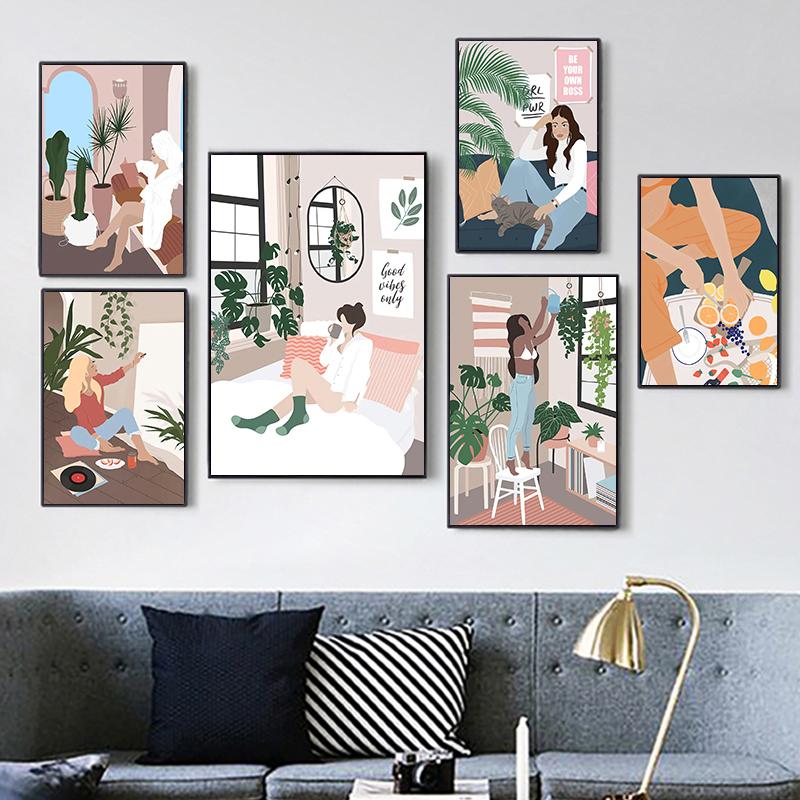 Абстрактная мода винтажная девушка иллюстрация скандинавские постеры и принты настенное искусство холст картина настенная картина для декора гостиной