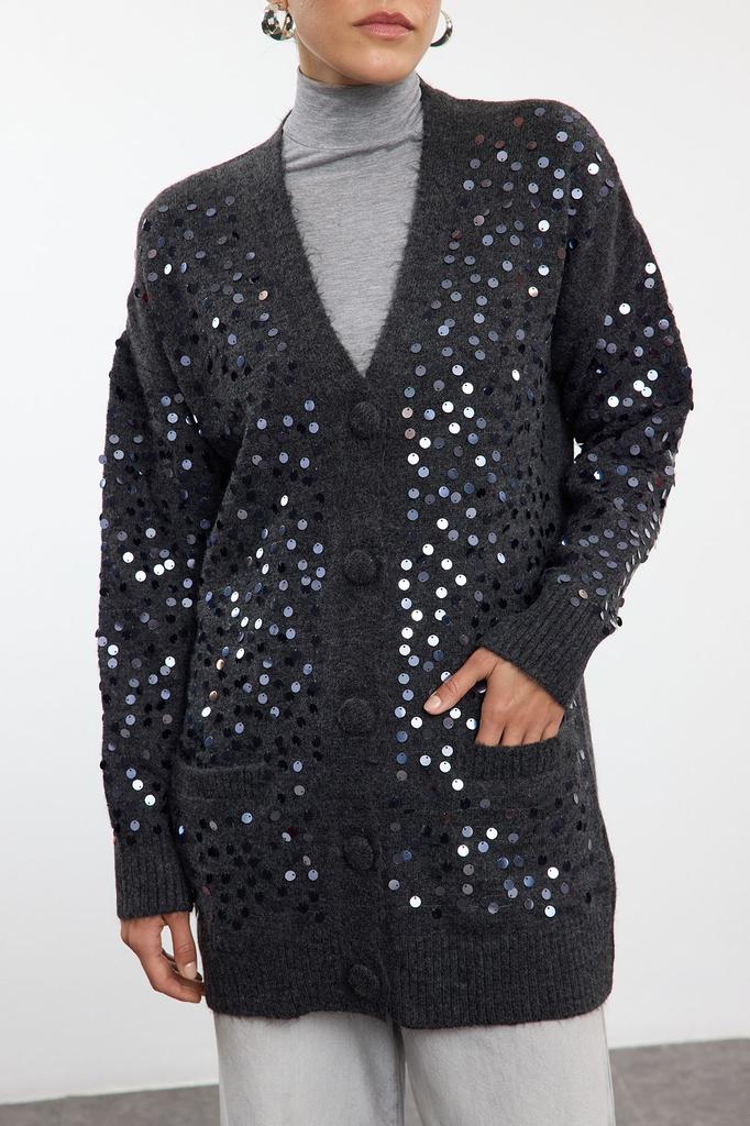 Women's Elegance Style Cardigan Stone Wool Sequin Embroidered Knitwear Cardigan