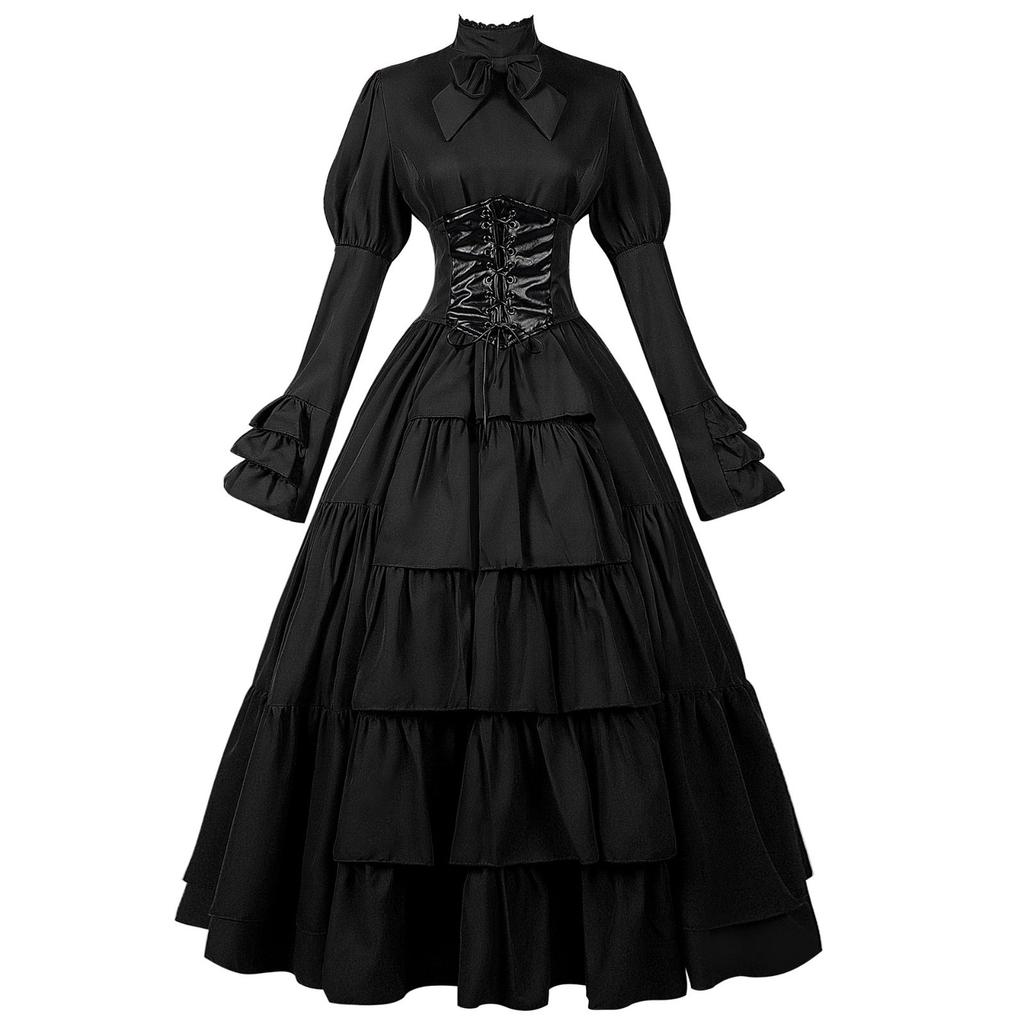Women Halloween Medieval Dress Traditional Renaissance Gothic Corset Dress Long Sleeve Ruffle Long Dress Cosplay Costume Vestido