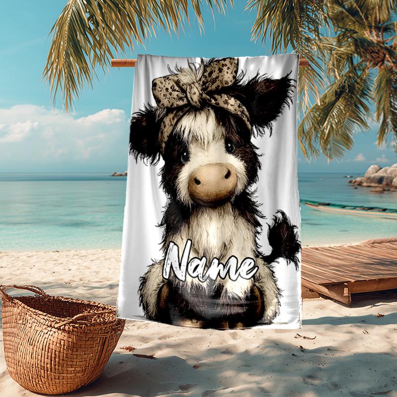 Custom Name Ultra-Soft Beach Towel with Cow Theme,Ideal for Pool - Camping, Diving - Perfect Travel Essential, Vibrant Beach Towel.