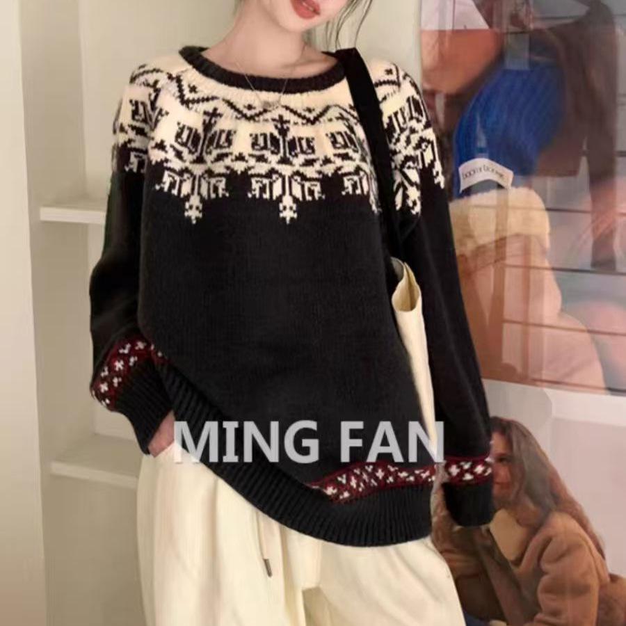 2025 Autumn/Winter Korean Style Soft Jacquard Loose Knit Pullover Sweater for Women