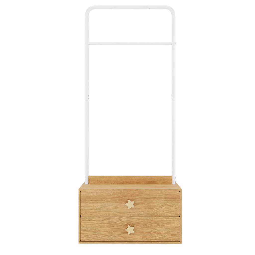 Coat rack 70 × 55 × 168, with 2 drawers, star-shaped handles and large clothes hooks, wood color