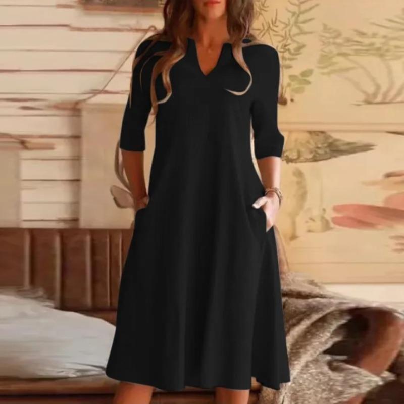 Летнее платье из хлопка и льна с V-образным вырезом и карманами со средними рукавами