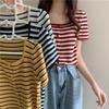 Women Summer Square Collar Knitted Sweater Top T-shirt Short Sleeve Slim Stripe Ins Color Bottoming Button