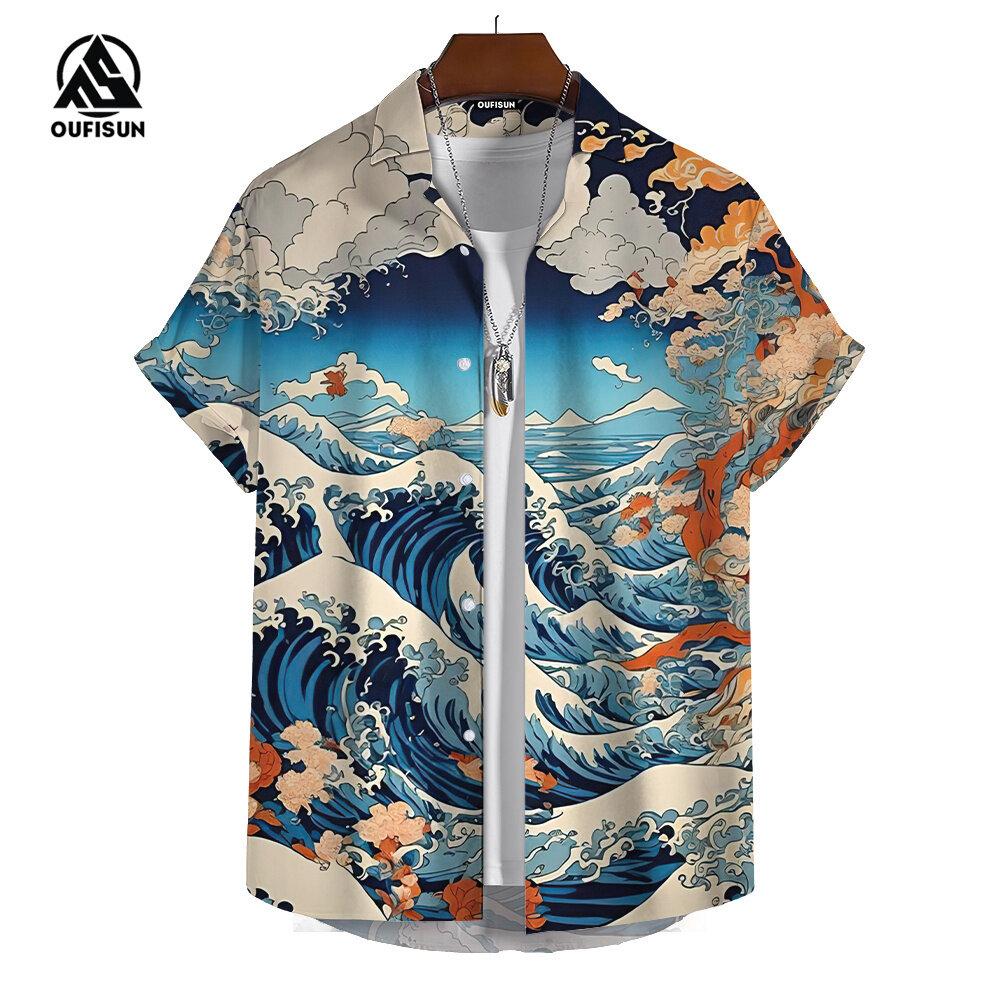 Summer Men's Short Sleeve Shirt Japanese Style Printed Sakura Fuji Mountain Pattern Street Fashion Men's Shirt Oversized Tops