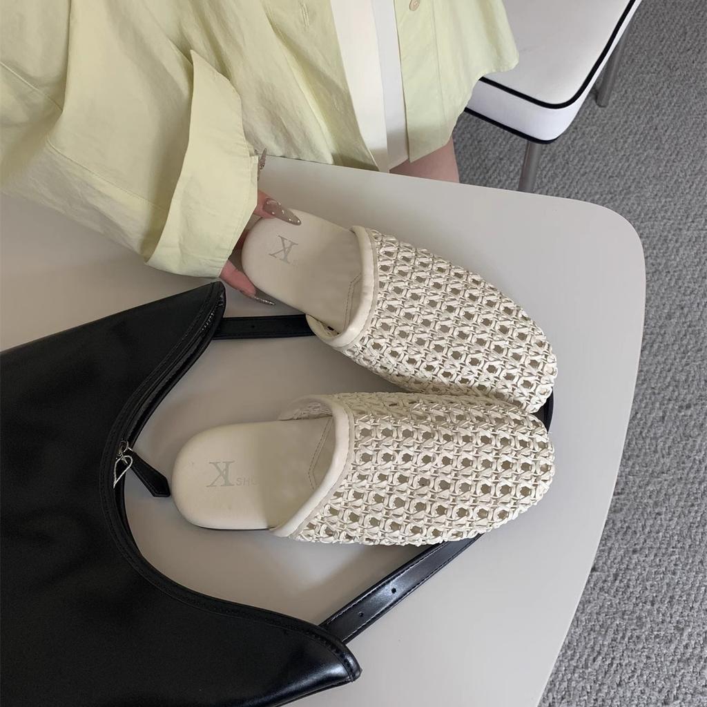 2025 Summer French Slippers Women's Versatile Outer Wear Retro Woven Bag Head Semi-breathable Non-slip Flat Bottom Muller Cool Slippers
