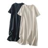 Real Shot Summer New Literary Loose Solid Color Cotton and Linen V-neck Short-sleeved Dress Women's Clothing Medium and Long