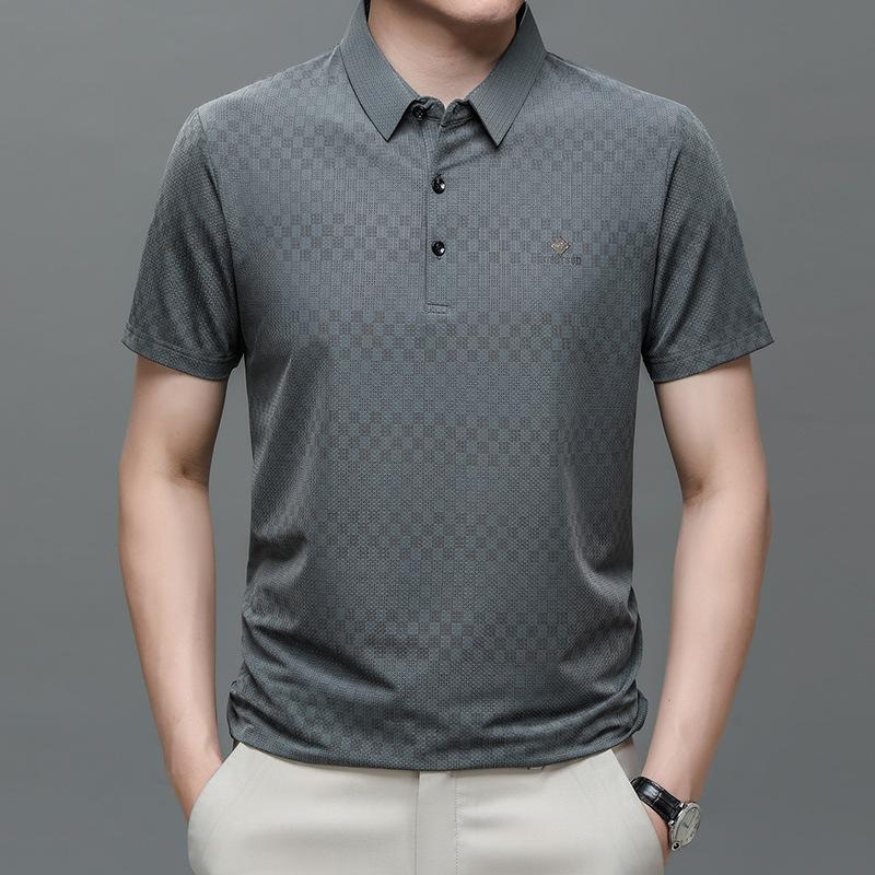 Мужская рубашка поло из ледяного шелка с коротким рукавом, тонкое летнее платье, деловая, мужская, свободного кроя, с отложным воротником, жаккардовая в клетку, с рукавом до локтя, топ, футболка