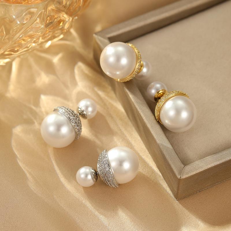 French Style Slightly Inlaid Zircon Front and Rear Wearing Pearl Earrings Light Luxury Temperament High-end Stud Earrings Simple Versatile Earrings