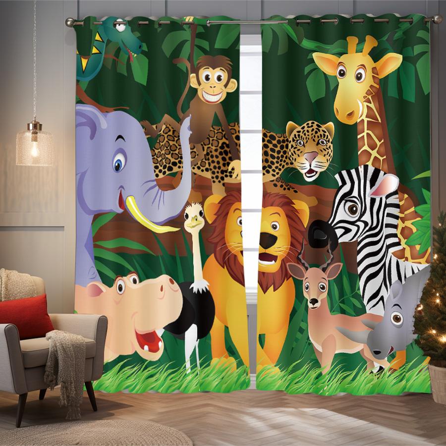 2 шт. штор с принтом в виде льва, слона, обезьяны, жирафа, украшенных мультяшными животными для спальни и гостиной