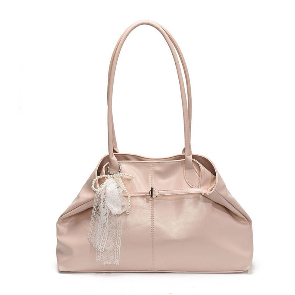 PU Leather Shoulder Bag Tote Bag with Bow Lace Pendant Versatile Armpit Bag Solid Color Large Capacity Underarm Bag Travel