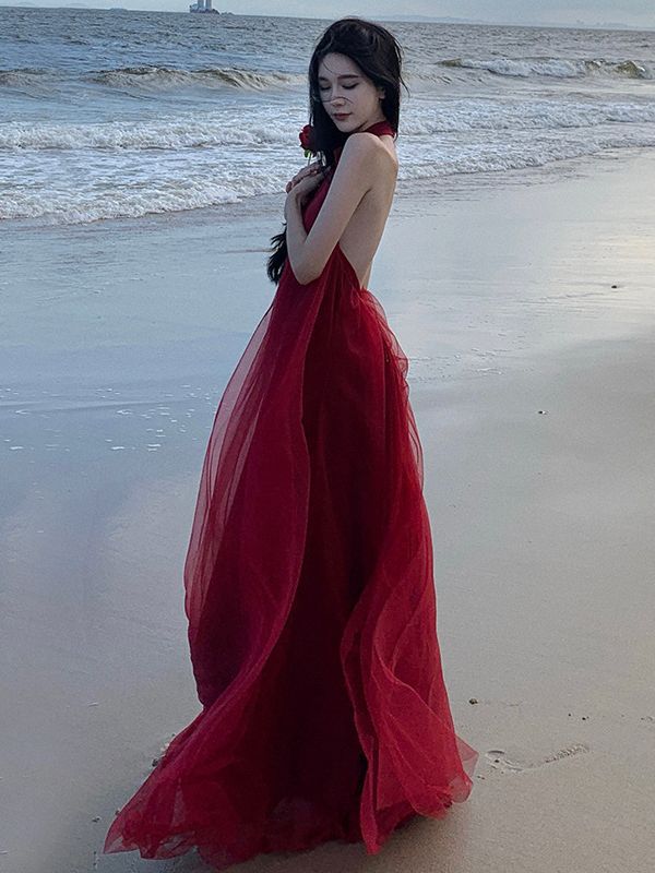 Фея Сетчатое Платье на Шею Платье с Открытой Спиной Платье для Свадебного Тоста Платье для Выхода Свадебная Сетка Утреннее Платье Женское Длинное Платье