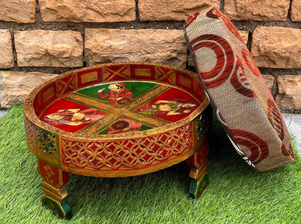Wooden Round Side Table With Cushion-Carved Sitting Grinder Table-Wooden Bedside Central Table Art Furniture Decor-End Table Art Decor
