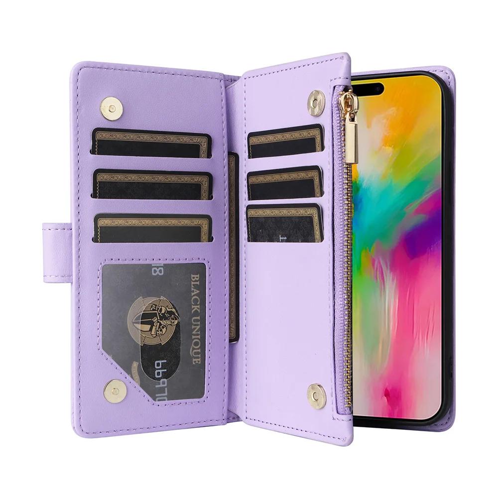 Wrist Strap Zipper Wallet with Card Holder Phone Case for IPhone 16 15 Plus 14 13 12 11 7 8 Pro Max XS X Crossbody Leather Cover