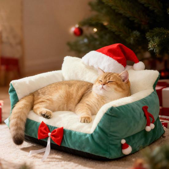 Christmas Cat Bed Fluffy Pet Sofa Bed with Removable Washable Cover Cozy Plush Cat Sofa for Winter Holiday Indoor Cats Rest Play