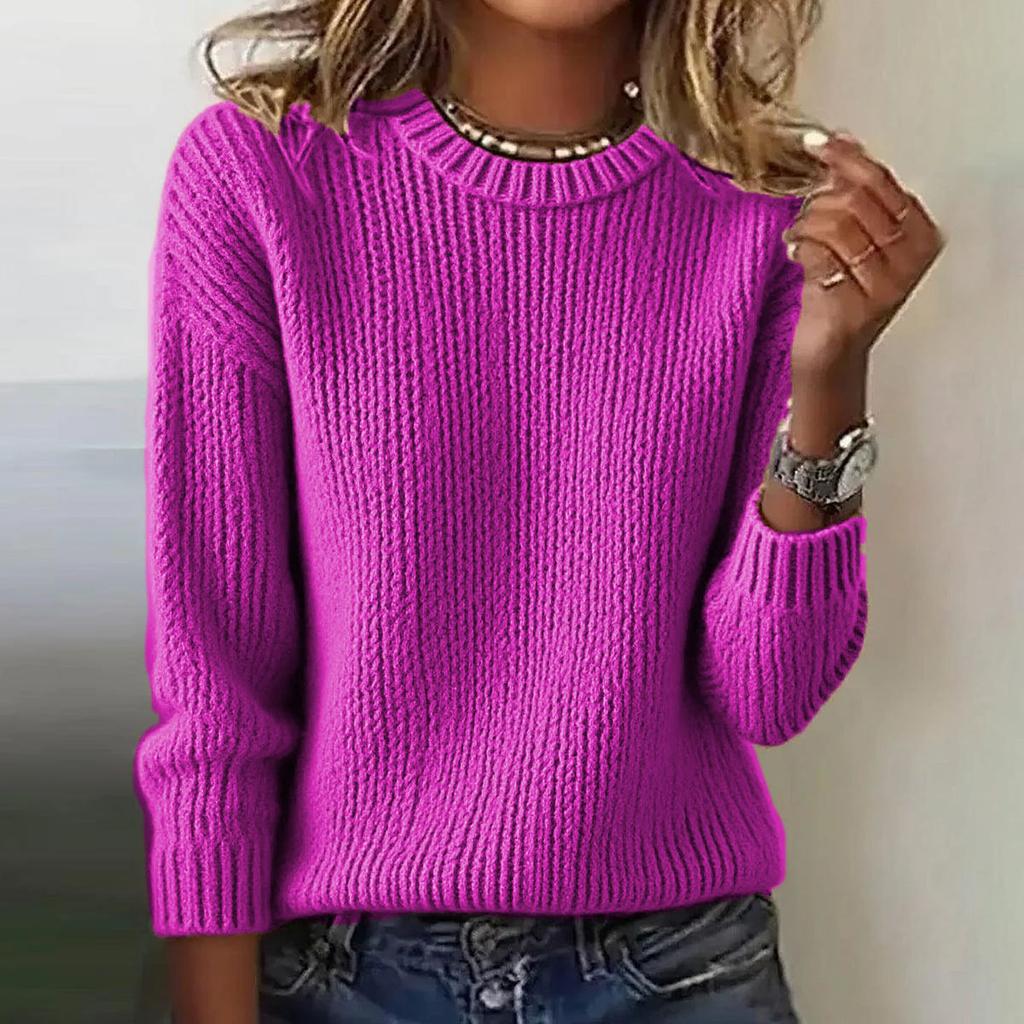 Women's Fashion Casual Loose Pullover Solid Color Round Neck Long Sleeve Knit Sweater