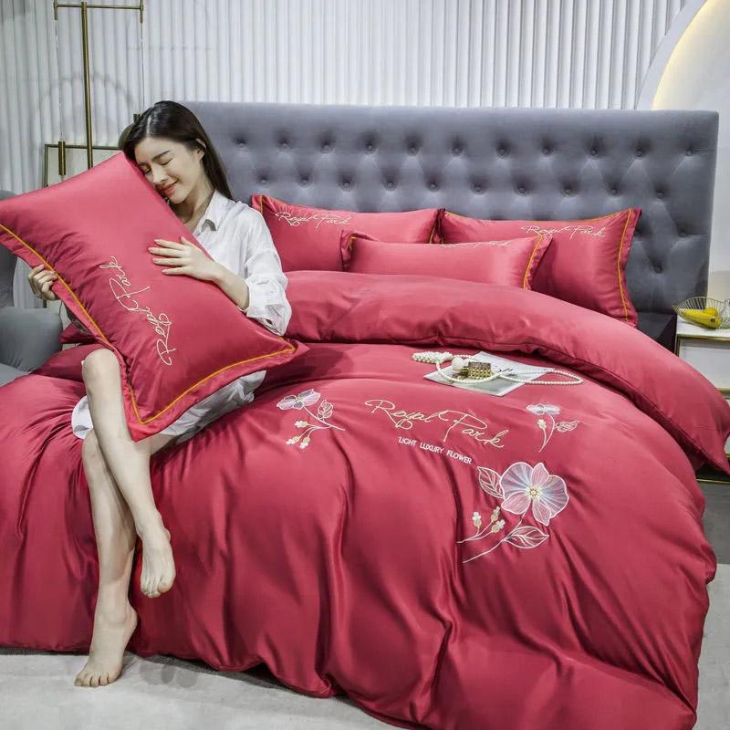 4pcs/set Spring and Summer Embroidery Ice Silk Four Piece Set Sheet Quilt Pillow Bedding Set Home Double Bed Bedspread Sets