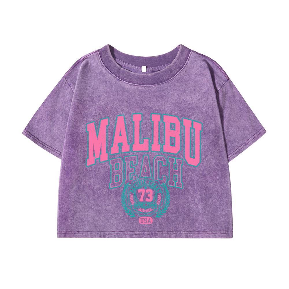Womans Cotton Crop Tees Trend O-Neck Distressed Washed T-Shirts Malibu Beach Simple Letter Printing Tops Clothes