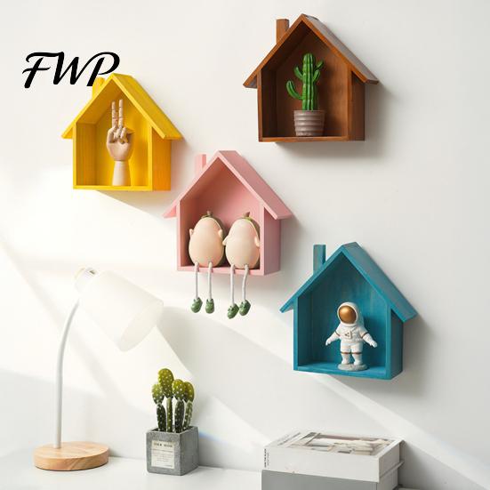 Bedroom Wall Decor Wood House Display Shelf, Mounted Decorative Floating Small Shelf Toys Dolls Organizer for Entryway, Living Room, Nursery