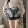 Женская клетчатая роскошная гусиная лапка с жемчугом и пуговицами с разрезом и высокой талией, шерстяная теплая юбка трапециевидной формы, зима-осень-весна, модная сексуальная юбка