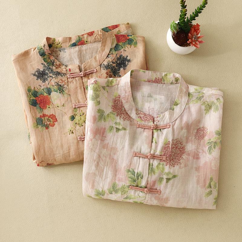 Летняя рубашка с длинными рукавами из хлопка и льна в китайском стиле в стиле ретро, с накладными пуговицами и воротником-стойкой в литературном стиле для женщин