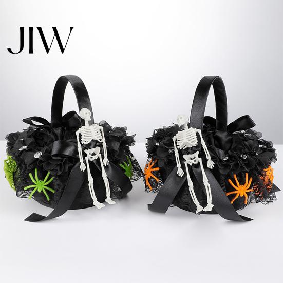 Black Spider Flower Basket Girl with Handle And Bow, Gothic Satin Festive Theme Candy Holder Lace for Wedding Ceremony, Bridal Party, Halloween
