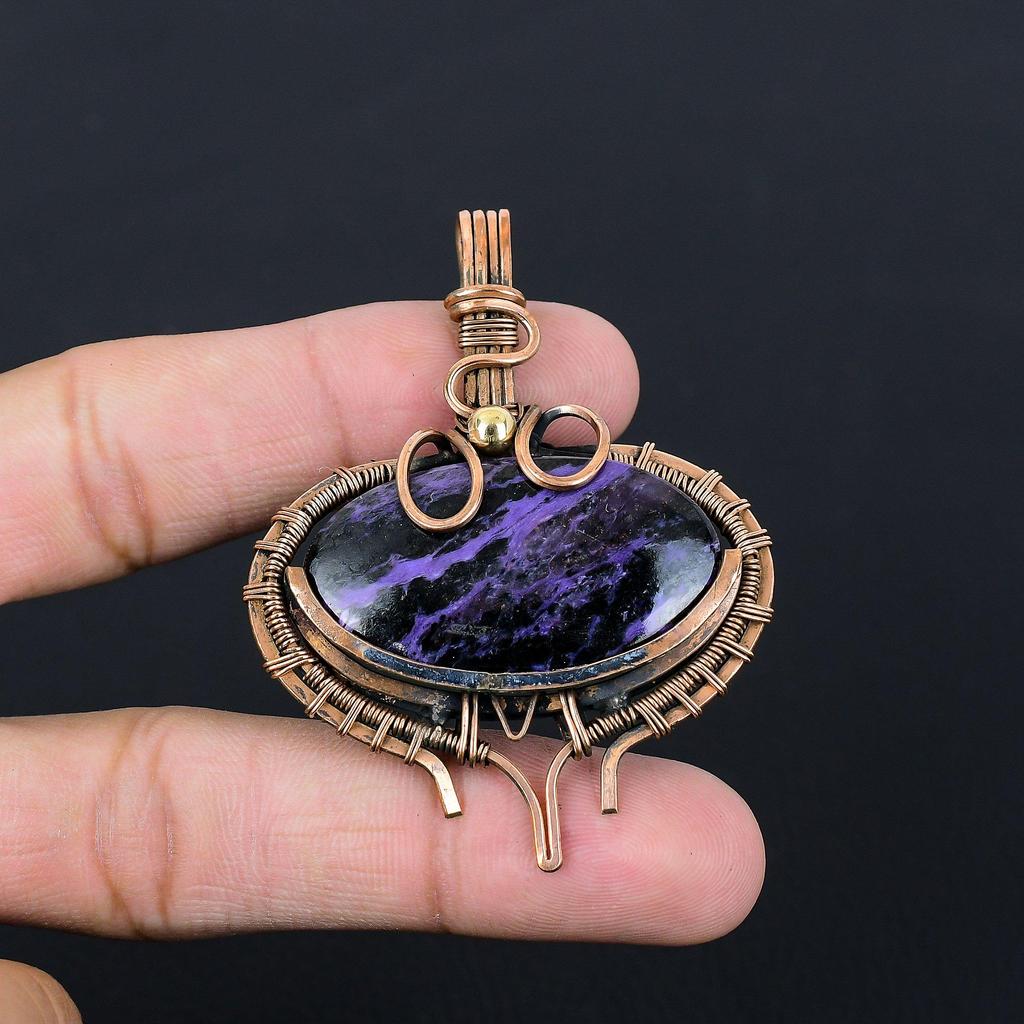 Purpurite Gemstone Pure Copper Wire Wrapped Handmade Pendant Jewelry