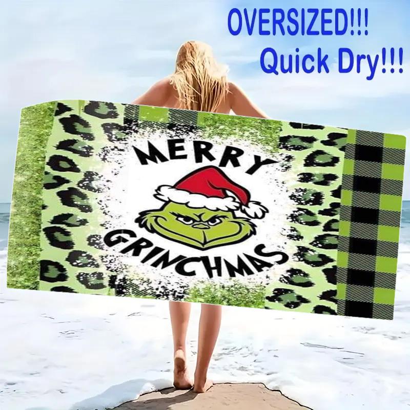Christmas Green Monster Print Beach Towel, Large Soft Quick Dry Towel for Beach Camping Swimming