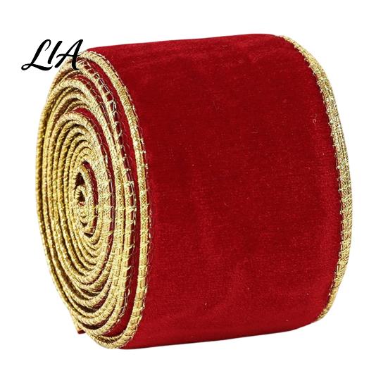 Reusable Festive Crafting Trim Velvet Christmas Ribbon, 2.5 x 78 Inch Wired Ribbon with Gold Edges for Gift Wrapping, Bow Making, DIY Crafts, Garland,