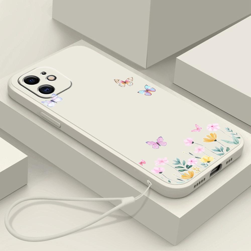 N86 Маленькая бабочка из свежего цветка с ремешком Силиконовые чехлы для телефонов с прямыми краями для Xiaomi Poco X5 Redmi Note 13 Pro Realme Huawei Противоударный чехол