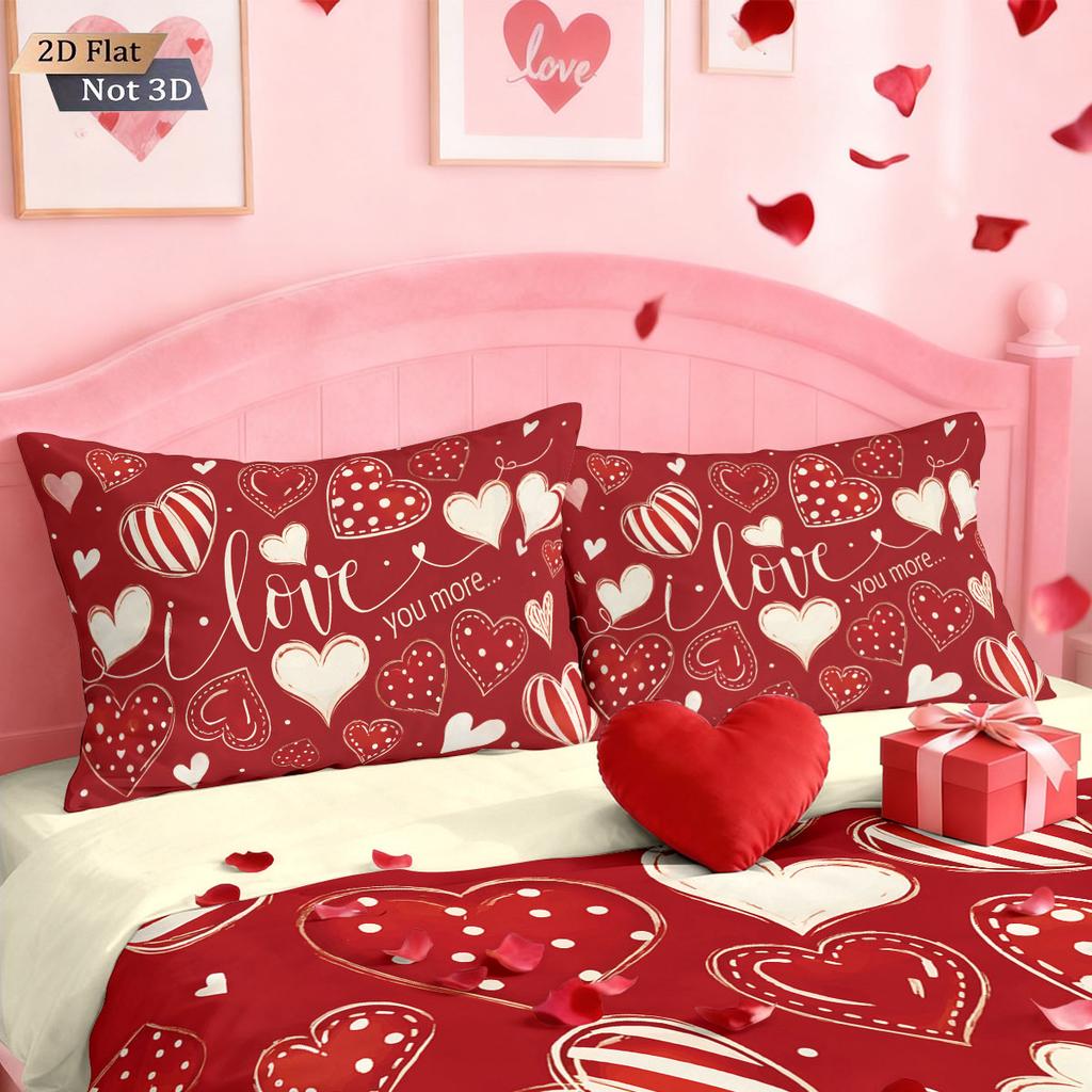 3pcs Valentine's Day Romantic Red Love Printed Chipless Quilt Set Multi Size Bedroom Bedding Holiday Decoration Machine Washable