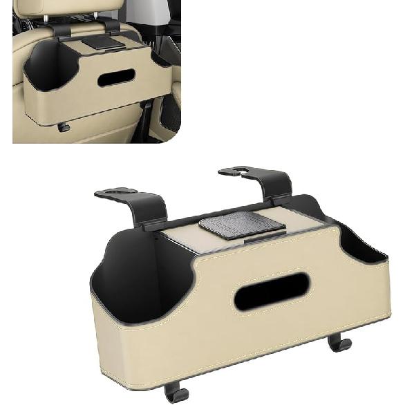 1 PC Car Seat Back Organizer, Car Back Seat Multi-Function Storage Box With 2 Drink Cup Holders, 11.42" X 3.35" Leather Tissue Organizer, Universal