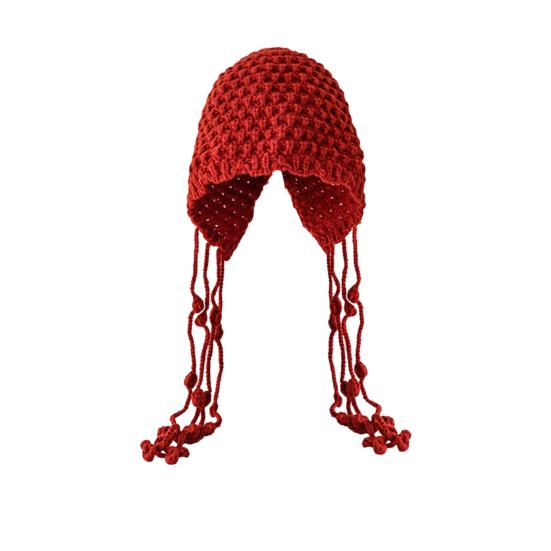 Women Crochet Slouchy Skull Cap with Tassel Handwoven Textured Knit Hat Ethnic Style Fringed Hat for Autumn Winter