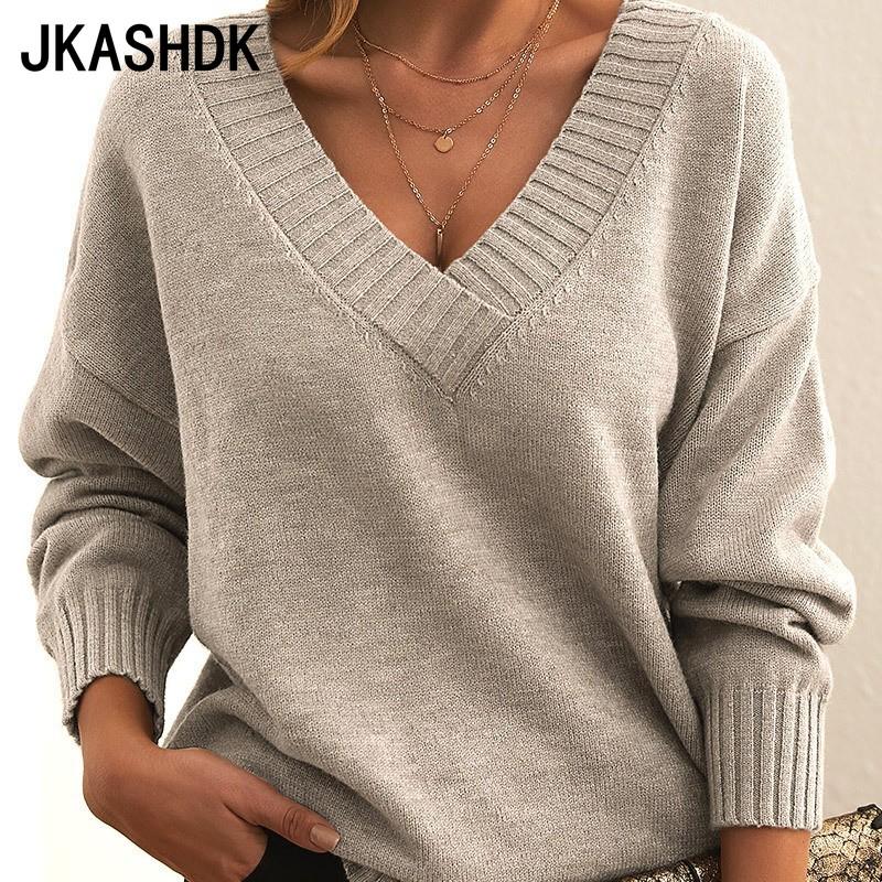 JKASHDK Женская мода, повседневный однотонный принт, осень-зима, свободные свитера с длинным рукавом и v-образным вырезом