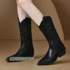 Модные черные ботинки до середины икры на толстом каблуке для женщин 2024 Зимняя женская обувь Женские модные ковбойские сапоги с острым носком Комфорт