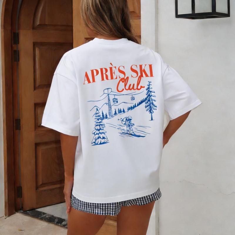 Back Print Ski Club TShirt Womens Vintage Cotton Shirt Soft Short Sleeve Crew Neck Casual Graphic Tops Tees Female Clothing