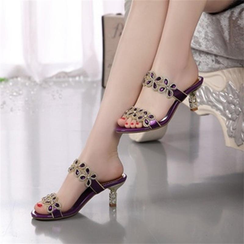 Fashion Sandals Women's Rhinestone Slippers Wedding Banquet New Medium Heel Crystal Diamond Sexy Sandals High Heels