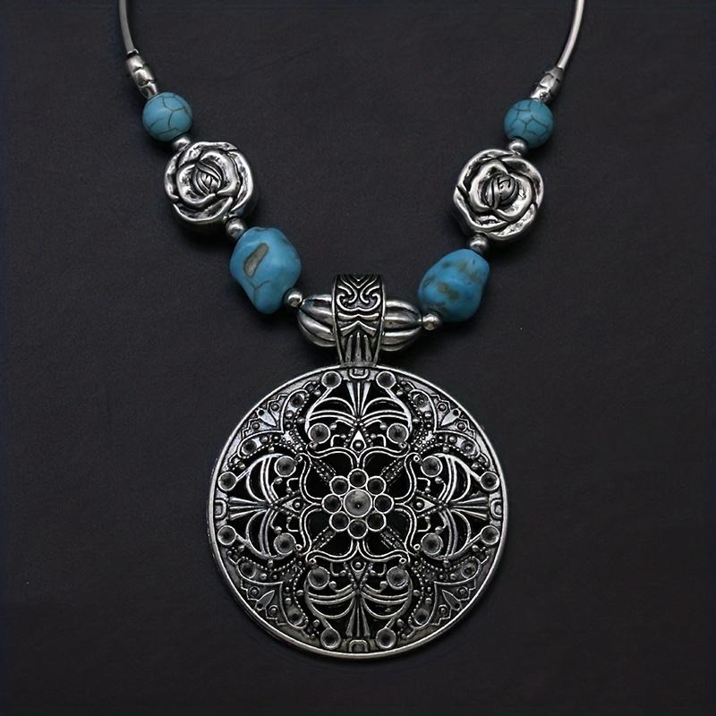 Retro Bohemian Natural Turquoise Hollow Out Carved Pendant Women's Daily Leisure Vacation Necklace Festival Gift Jewelry