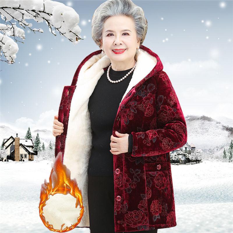 Зимняя женская толстая куртка с хлопковой подкладкой для пожилых людей, средняя и длинная часть, Золотая бархатная стеганая куртка с капюшоном