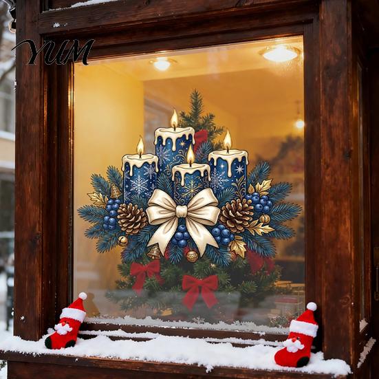 Static Cling Decals Christmas Candle Glass Stickers, Removable Window with Bow Pinecone And Pine Retro Blue Branch Pattern, Reusable Decorative
