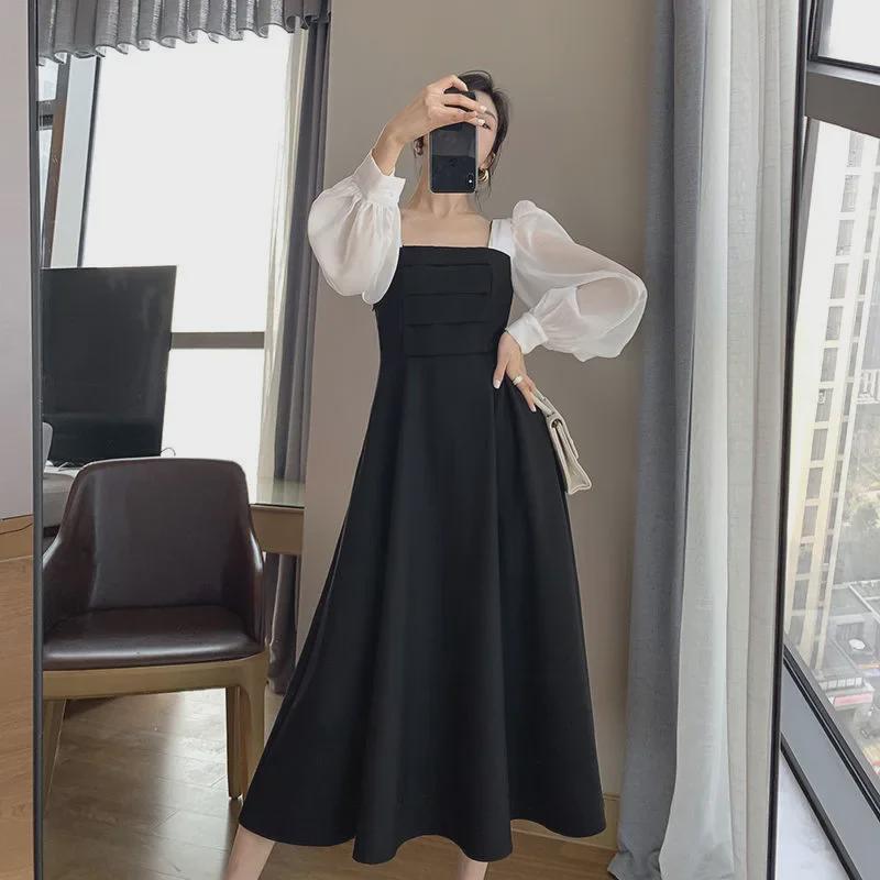 Платье 2023 Осень Французский Ретро С Длинным Рукавом и Квадратным Вырезом – Классическая Черная Элегантность