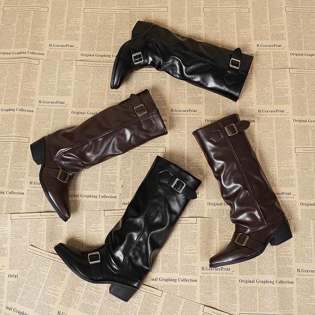 Korean Version of Retro Thick Heel But Knee Boots Women's 2025 Autumn and Winter New Outer Wear Versatile Metal Buckle Round Head Boots