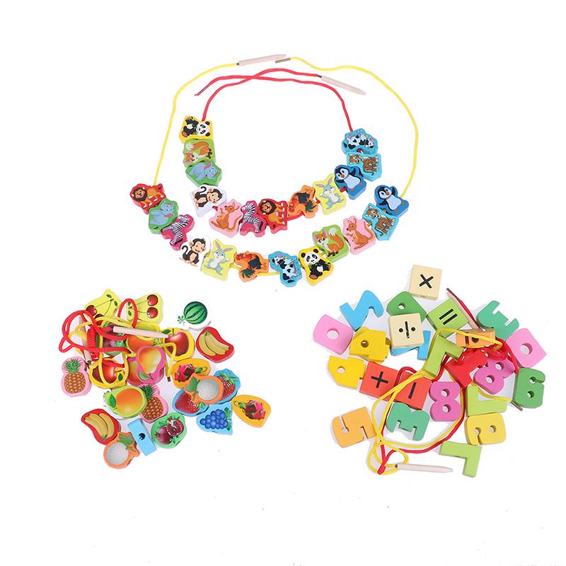 24Pcs Baby Wooden Diy Toy Fruit Animal Stringing Threading Wooden Beads Toy