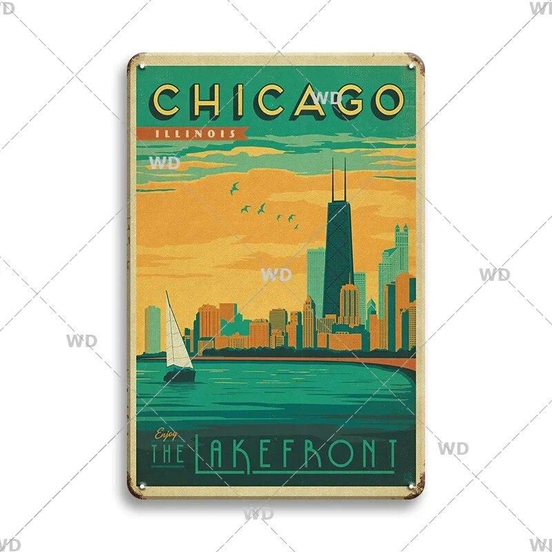 Tin Sign Landscape Paris Havana Tokyo Sydney Malibu Los Angeles Chicago City Metal Vintage Plaque Retro Decorative Plate Decor
