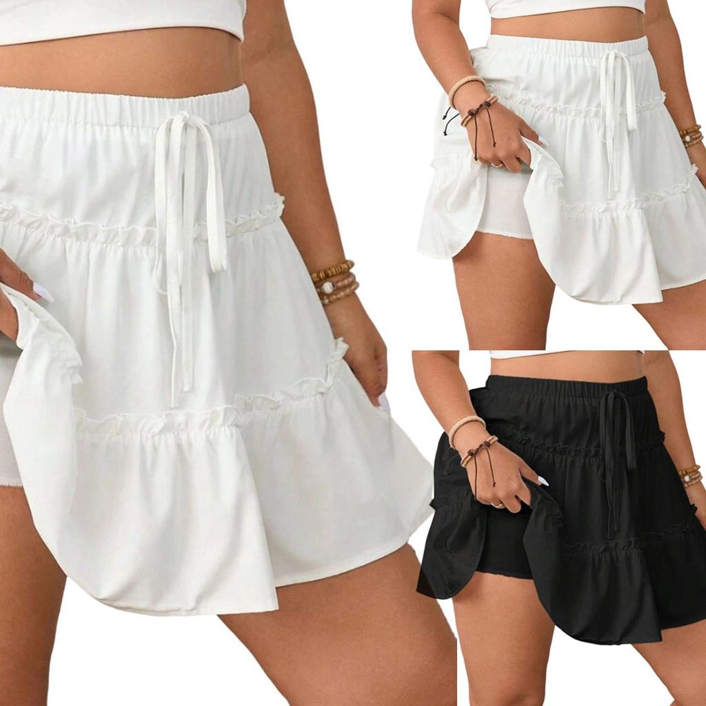 Women's Plus Size Ruffle Flared Skirts Elastic Waist Flowy Skirt With Lined Shorts