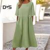 Summer Dress with Pockets Round Neck Loose Waist Short Sleeves Calf Length Solid Color Midi Dress for Work School Dating