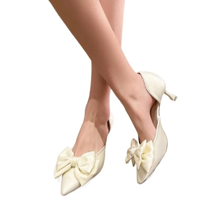 Модная удобная обувь для женщин, босоножки на шпильках, новые летние туфли для девочек в стиле ретро с высоким бантом, с острыми носками, закрытые, новые весенние туфли-лодочки с бабочкой S