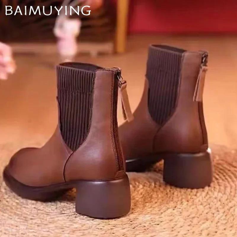 Зимние кожаные женские зимние ботильоны на среднем каблуке в стиле ретро, дизайнерские ботинки челси 2024 года, классические массивные туфли в готическом стиле, женские ботинки